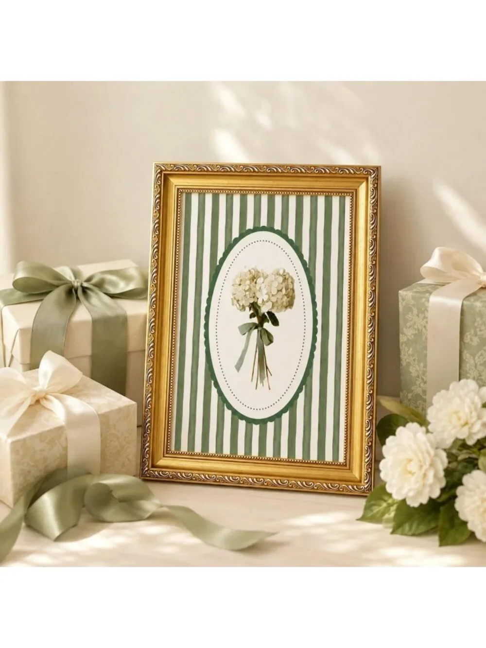 Vintage Botanical Wall Art Print, Green Floral Canvas with Gold Frame, Home